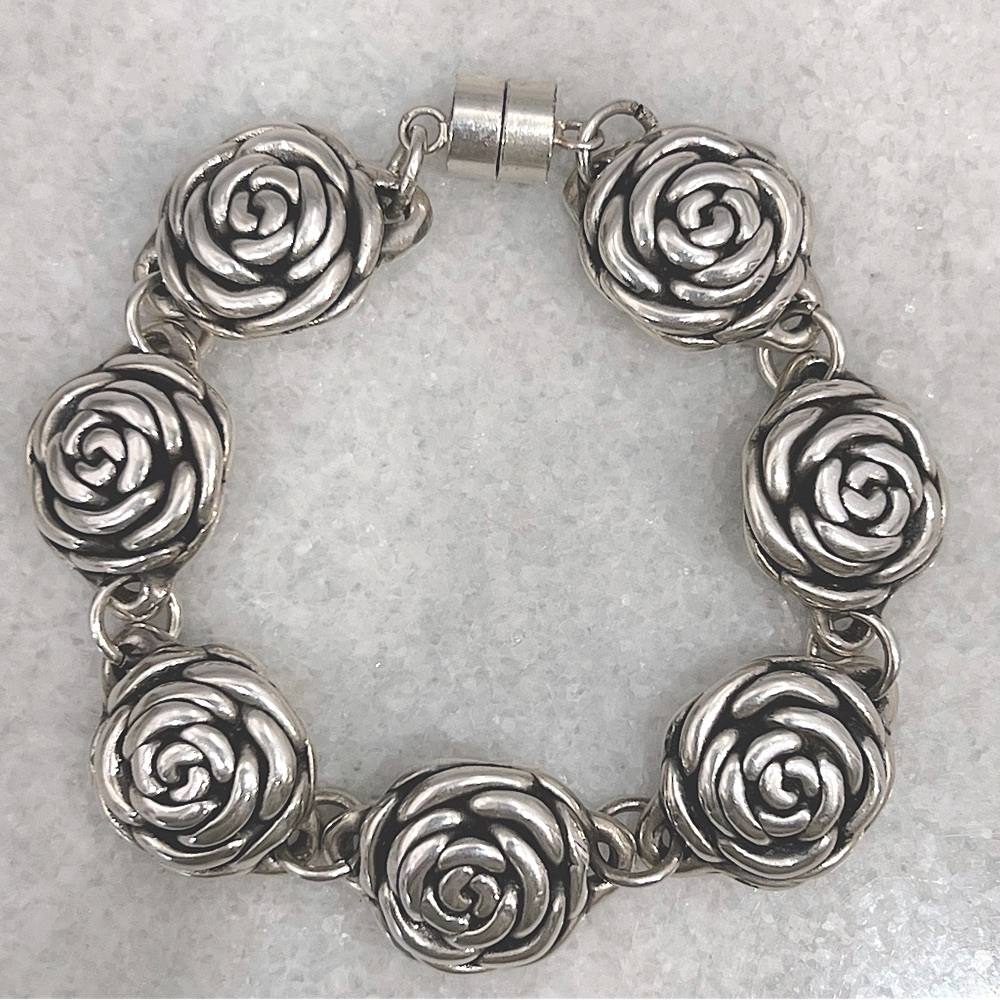 Sterling Silver 3D Rose Magnetic Bracelet
